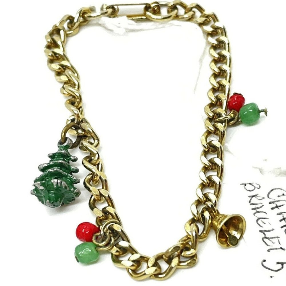 vintage Christmas theme charm bracelet tree bell gold chain